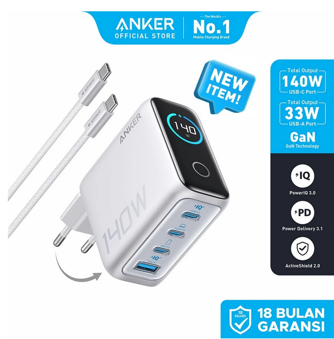Anker Digital Display 140W Charger with Type C Cable and Powerbank 25.000 mAh 165W Built-in Retractable Cable GAN