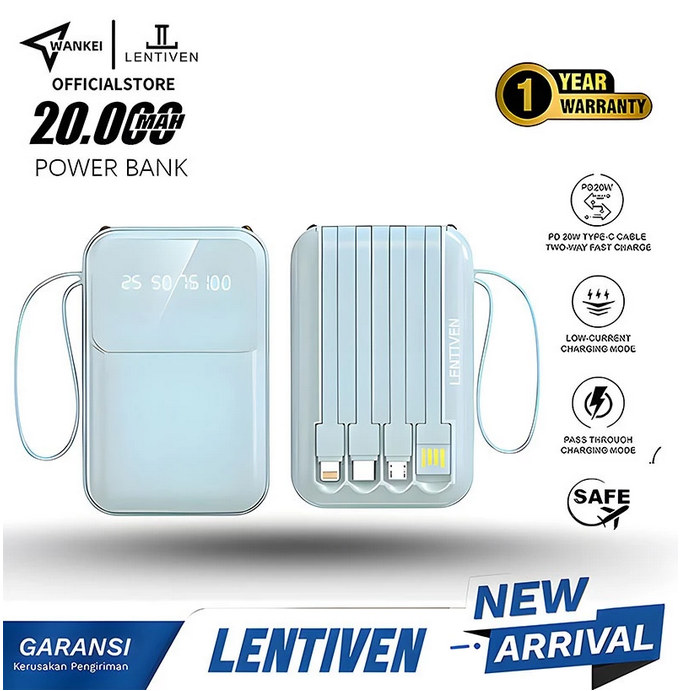 WANKEI LENTIVEN Powerbank 20000 mAh Mini With 4 Kabel Data Type C Micro USB Fast Charging LED Senter Display FP279
