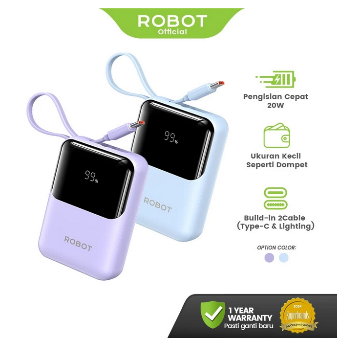 ROBOT Powerbank Mini Fast Charging 20W 9000 mAh Kabel iPhone Android Lighting Type C LED RT16 Original