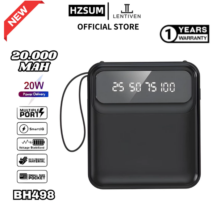 HZSUM LENTIVEN Powerbank 20000 mAh Mini Fast Charging With 4 Cable Data Built In Led Display